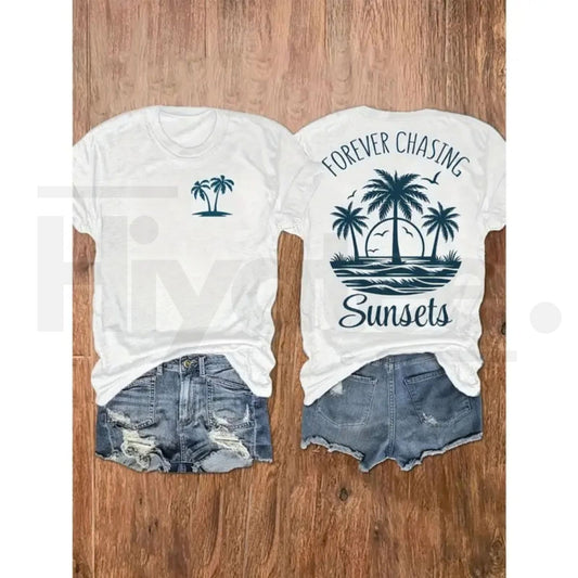 "Forever Chasing Sunsets" Women's Palm Tree Tee – Coastal Beach Vacation Shirt - Hiyatee