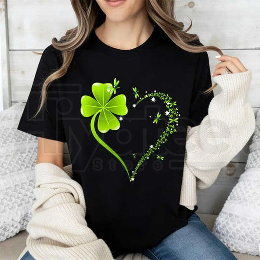 Four Leaf Clover Heart T-Shirt – St. Patrick's Day Celebration Crew Neck - Hiyatee