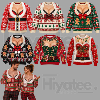 Funny 3D Print Fake Chest Ugly Christmas Sweater – Novelty Holiday Pullover - Hiyatee
