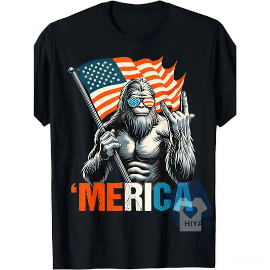 Funny Bigfoot ‘Merica T-Shirt – Patriotic Sasquatch Tee with Flag & Hand Gesture-Hiyatee
