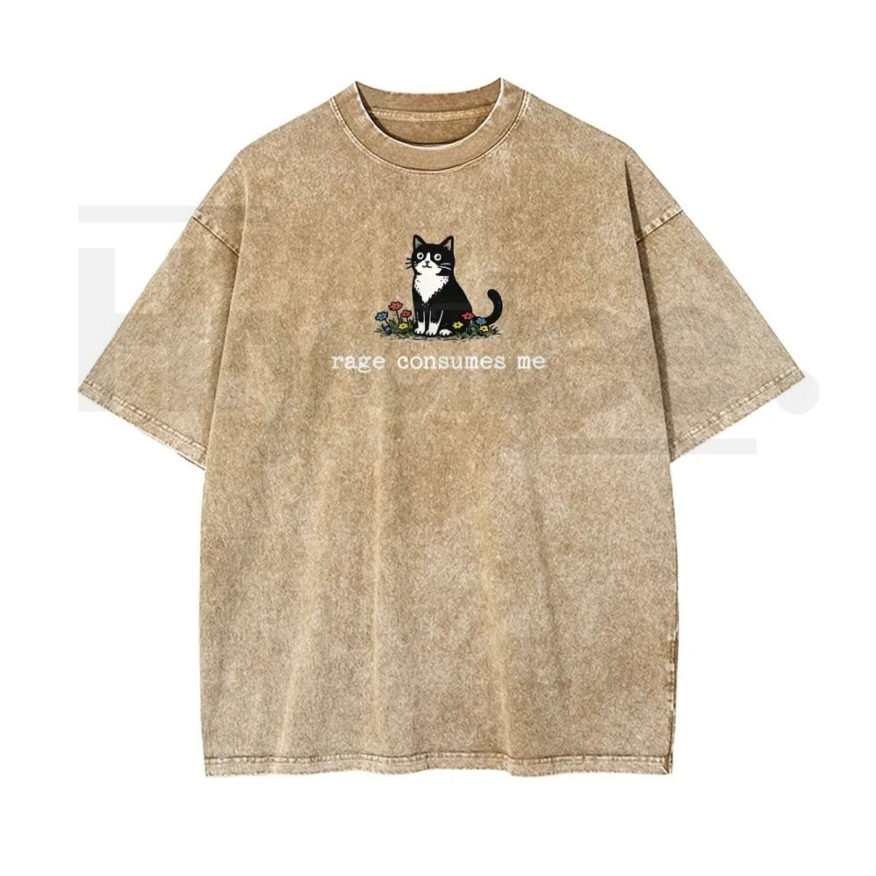 Funny Cat Meme Vintage Washed T-Shirt – “Rage Consumes Me” Oversized Cotton Graphic Tee - Hiyatee