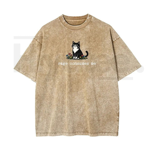 Funny Cat Meme Vintage Washed T-Shirt – “Rage Consumes Me” Oversized Cotton Graphic Tee - Hiyatee