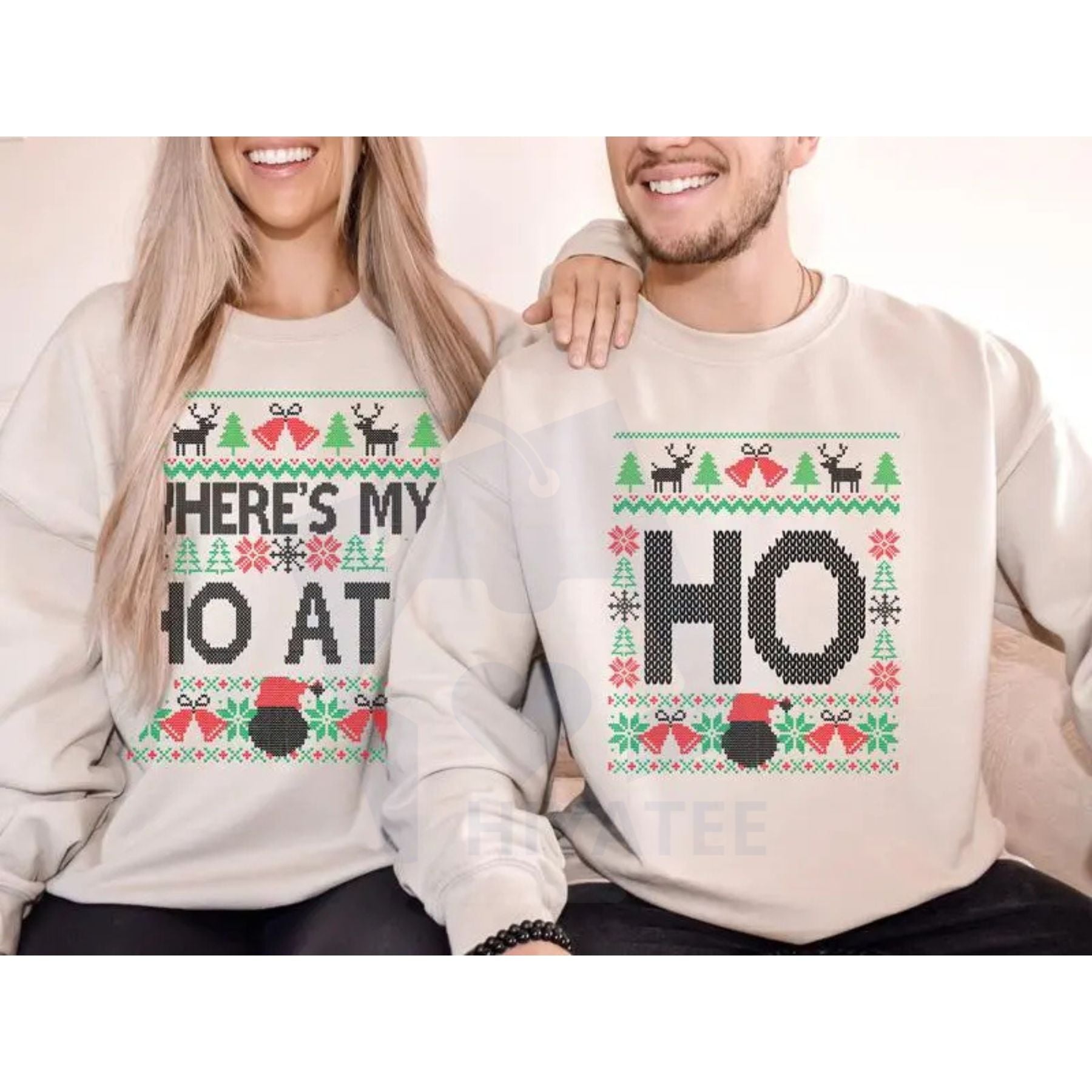 Funny Couples Christmas Sweatshirt Set: "Where’s My Ho At" & "Ho Ugly" Christmas Sweaters, Hilarious Holiday Crewnecks - Hiyatee