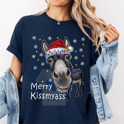 Funny Donkey Santa Hat "MERRY KISSMYASS" Christmas T-Shirt – Unisex Adult Humor Holiday Tee - Hiyatee