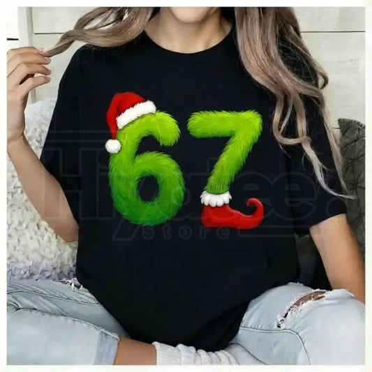 Funny Gen Z Pop 67 Meme T-Shirt – Green Guy Santa Hats Graphic 100% Cotton Christmas Tee - Hiyatee