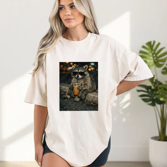 Funny Raccoon Drinking Iced Coffee Shirt – Retro Garbage Pail Graphic Tee, Vintage Style Iced Coffee Lover Gift - Hiyatee