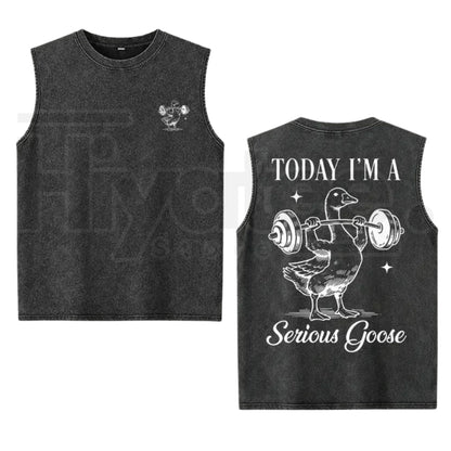 Funny Serious Goose Gym Tank Top – Vintage Washed Cotton Sleeveless Workout Shirt - Hiyatee