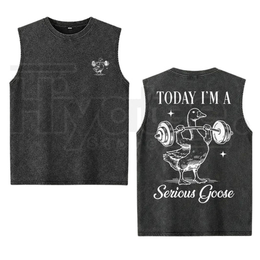 Funny Serious Goose Gym Tank Top – Vintage Washed Cotton Sleeveless Workout Shirt - Hiyatee
