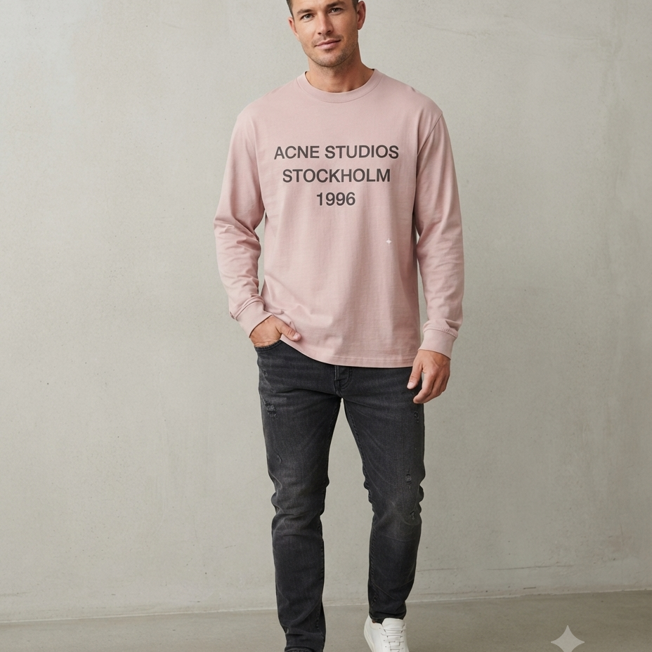 Vintage Stockholm 1996 Printed Dusty Pink Long Sleeve Tee – Retro Graphic Top with Slight Stretch