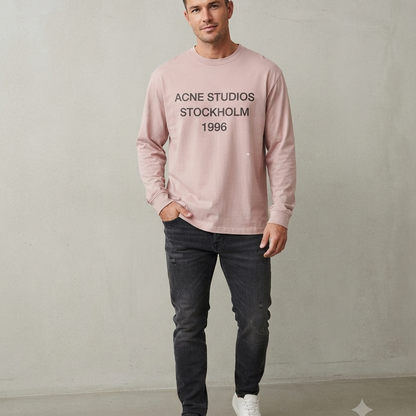 Vintage Stockholm 1996 Printed Dusty Pink Long Sleeve Tee – Retro Graphic Top with Slight Stretch