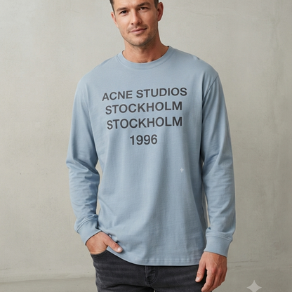 Vintage Stockholm 1996 Printed Dusty Pink Long Sleeve Tee – Retro Graphic Top with Slight Stretch