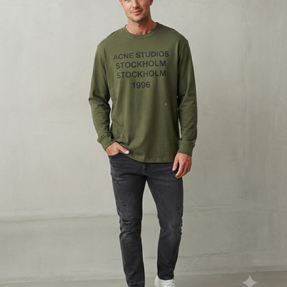 Vintage Stockholm 1996 Printed Dusty Pink Long Sleeve Tee – Retro Graphic Top with Slight Stretch