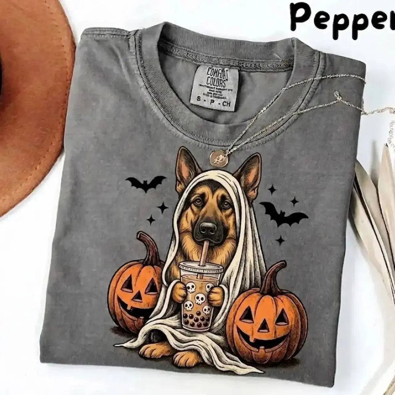 Comfort Colors Pepper Dog Shirt Custom Ghost Boba Tea Halloween Tee