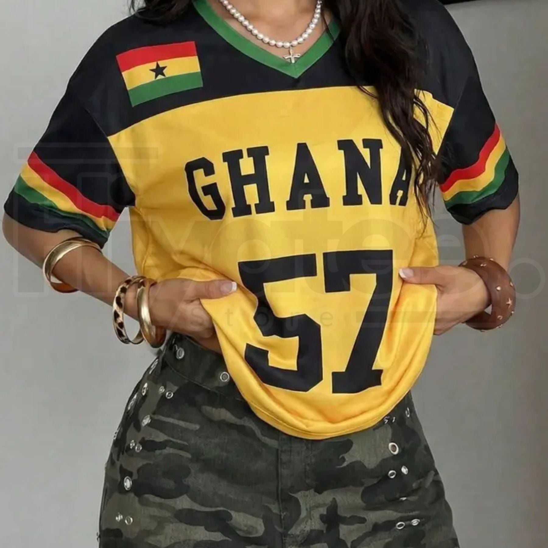 Ghana 57 Colorblock Mesh T-Shirt – Y2K Retro V-Neck Sporty Streetwear - Hiyatee