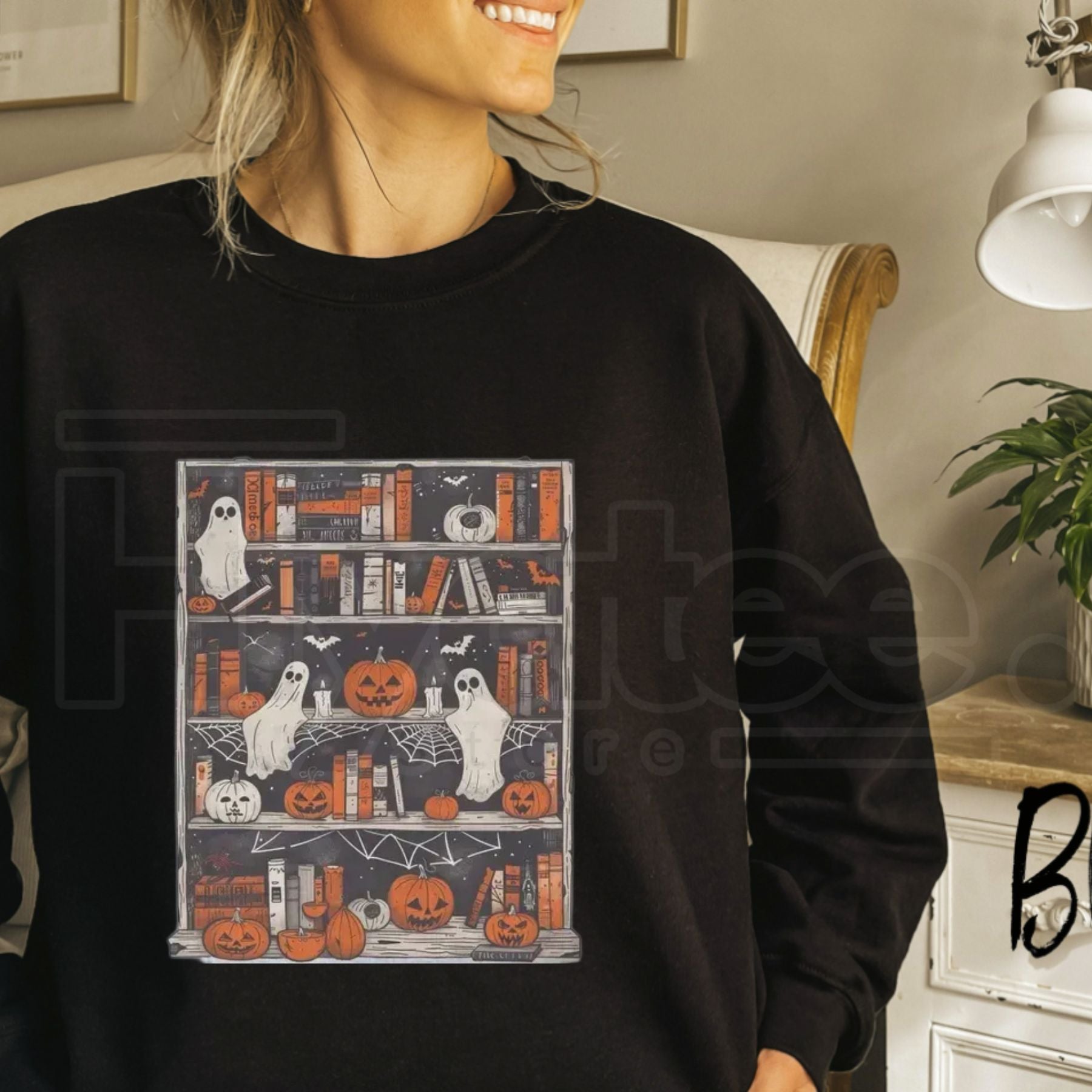 Ghost Bookcase Sweatshirt: Aesthetic Spooky Bookish Cute Halloween Crewneck - Hiyatee