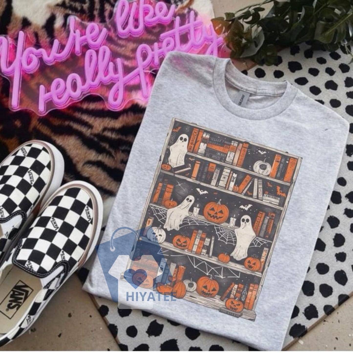 Ghost Bookcase T-Shirt – Spooky Cute Book Lover Tee, Unisex Soft Cotton Halloween Reading Shirt-Hiyatee