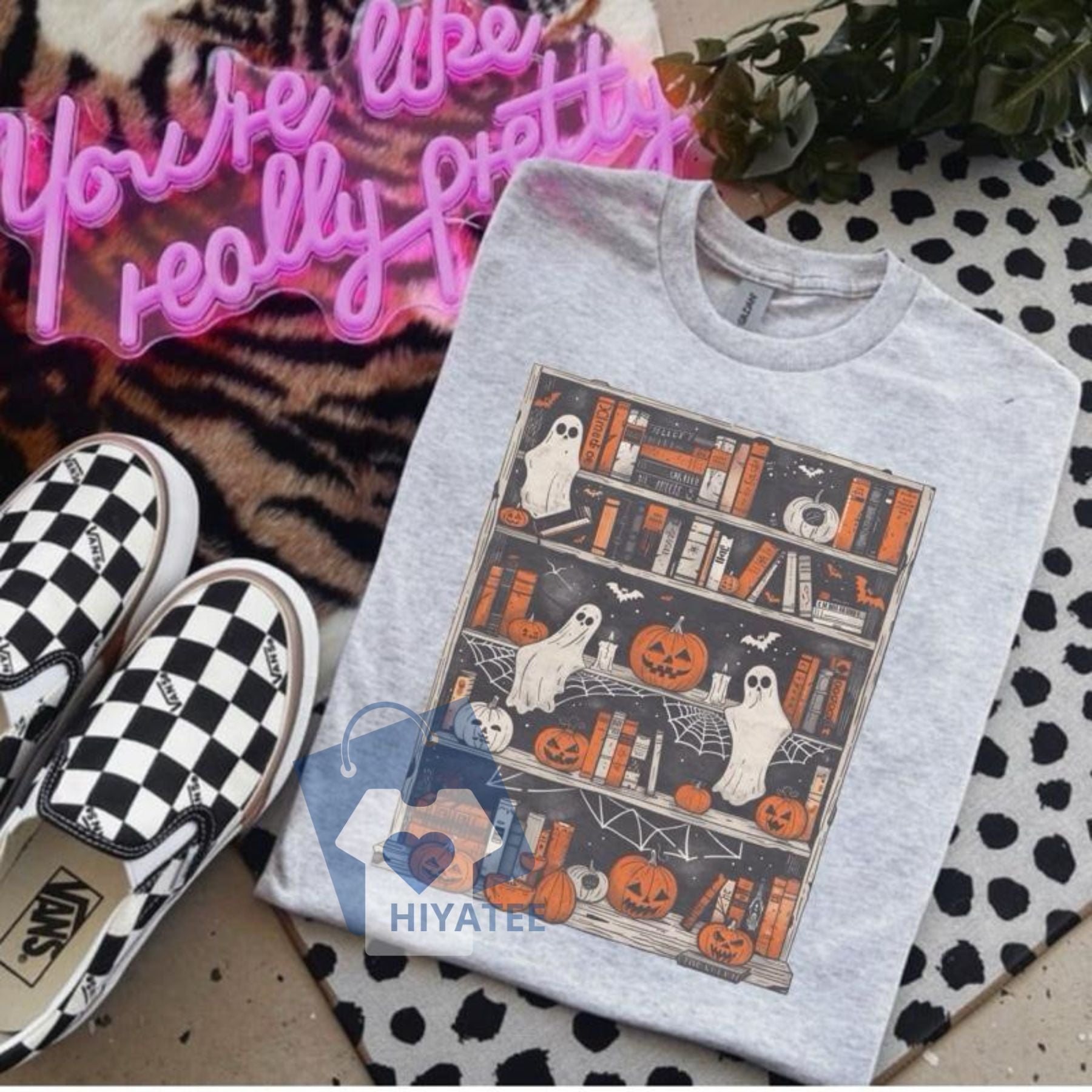 Ghost Bookcase T-Shirt – Spooky Cute Book Lover Tee, Unisex Soft Cotton Halloween Reading Shirt-Hiyatee