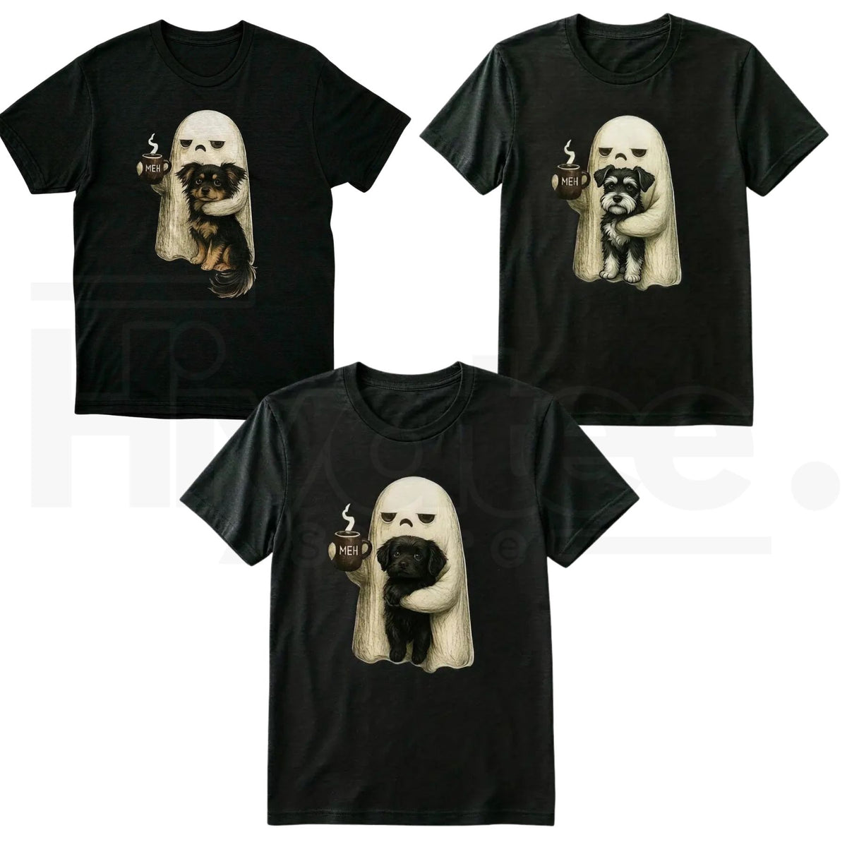 Ghost Cat Halloween T-Shirt – Spooky Black Cat & Coffee Lover Graphic Tee - Hiyatee