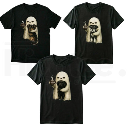 Ghost Cat Halloween T-Shirt – Spooky Black Cat & Coffee Lover Graphic Tee - Hiyatee