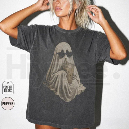 Ghost Drinking Coffee Shirt Comfort Colors Retro Iced Latte Spooky Tee - Hiyatee