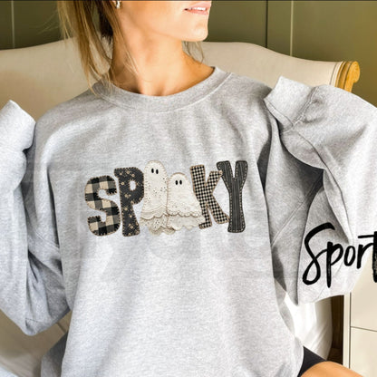 Gildan Patchwork Gingham Spooky Ghost Sweatshirt, Vintage Halloween Lace Ghost Graphic Pullover - Hiyatee
