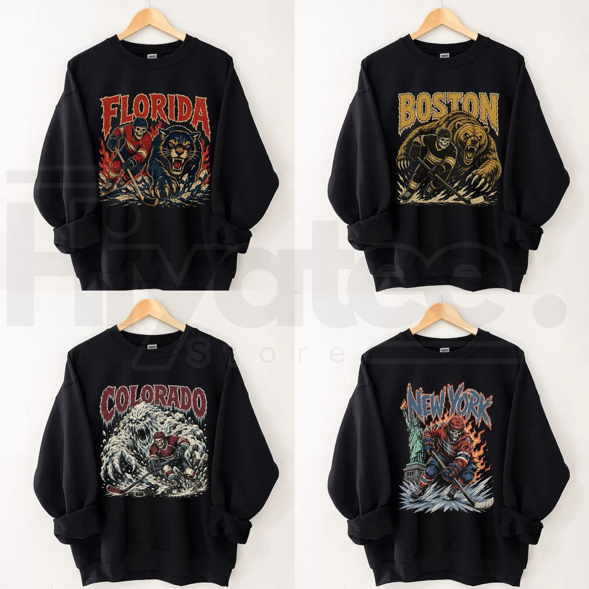 Gildan USA 32 Teams Ice Hockey Skull Vintage Sweatshirt – Classic 90s All Team Game Day Graphic Crewneck - Hiyatee