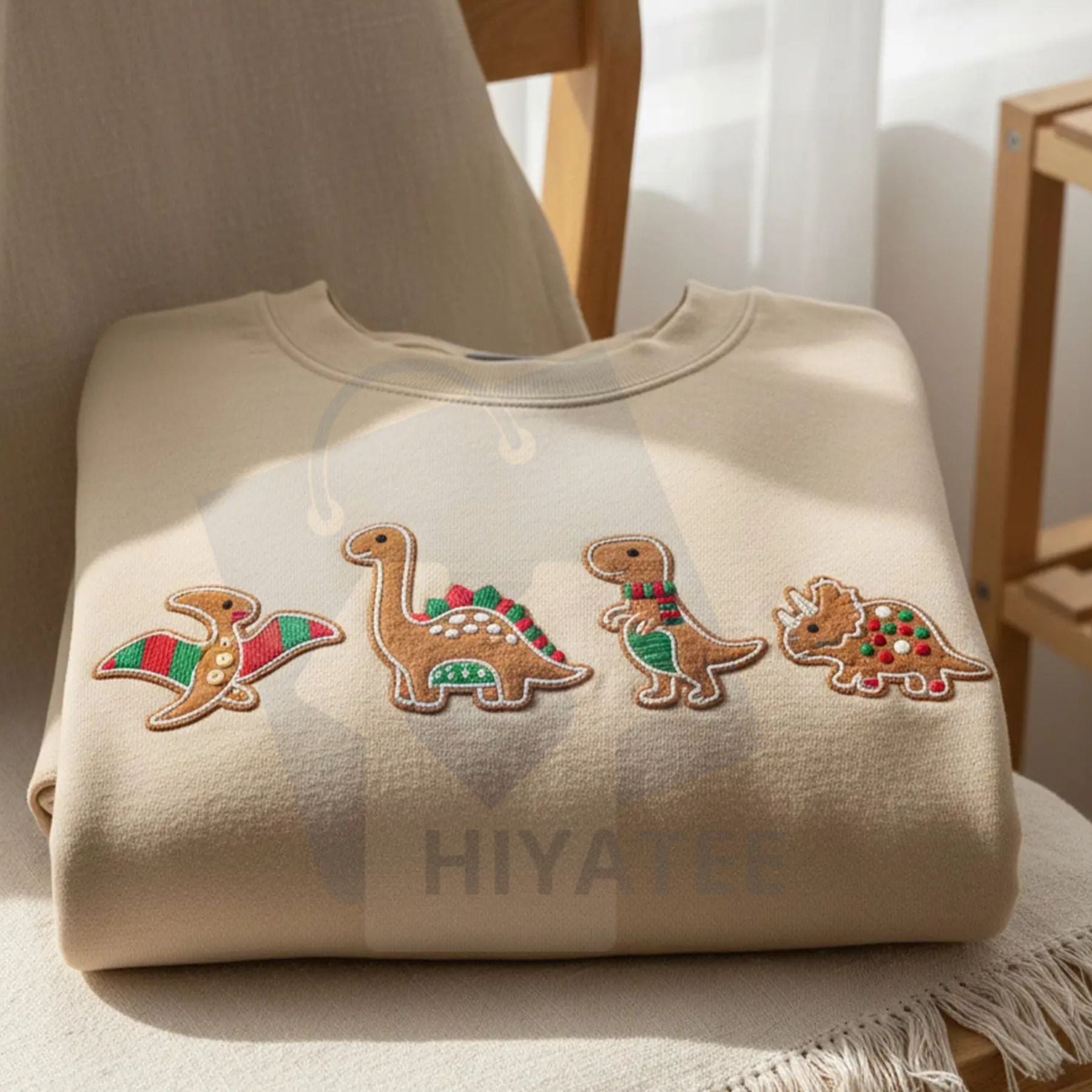 Gingerbread Dinosaur Embroidered Christmas Sweatshirt – Funny Holiday Dino Crewneck - Hiyatee