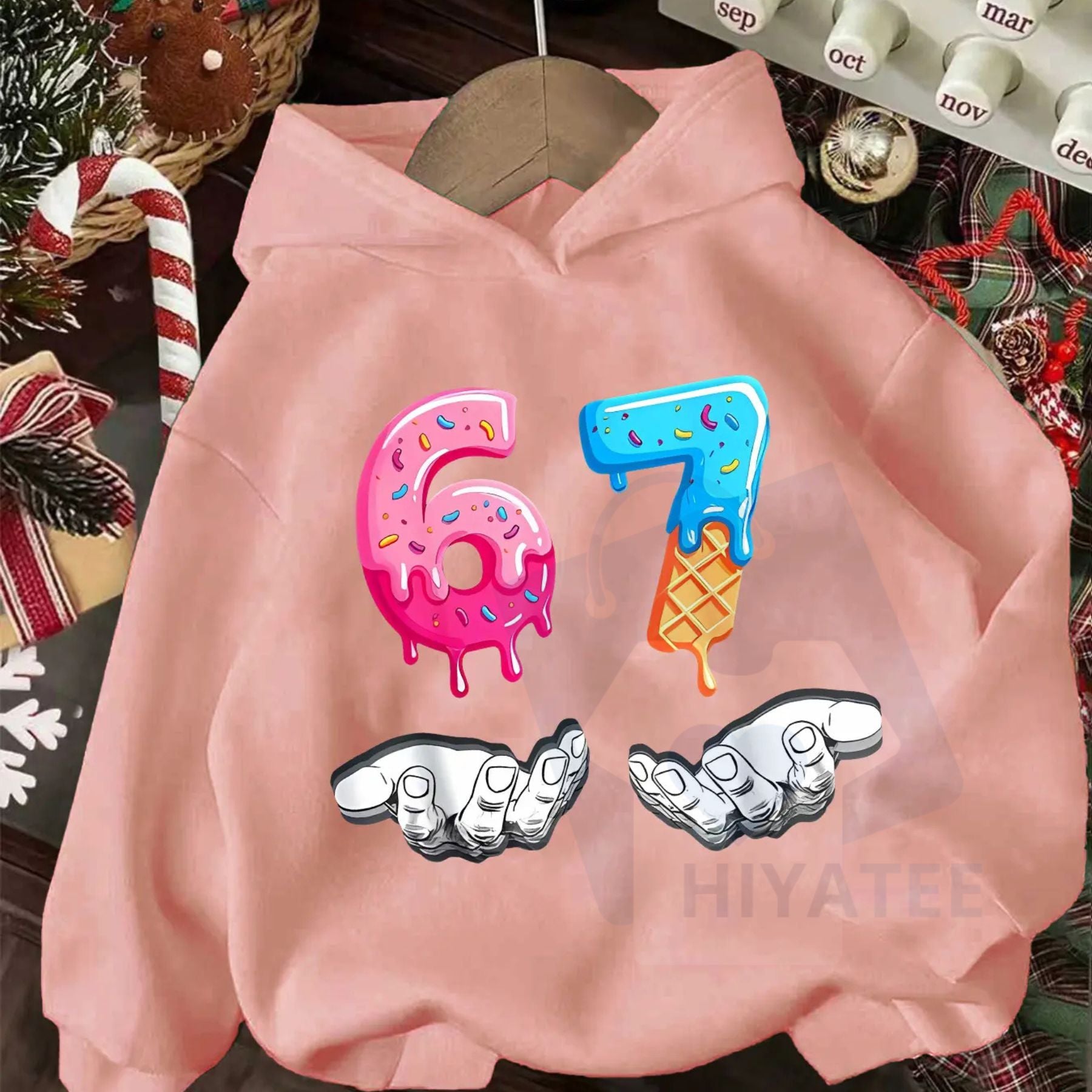 Girls' Spring & Fall Casual Fashion Hoodie – Creative Six Seven (67) Christmas Series Print, Long Sleeve Soft Clothing Gift - Hiyatee