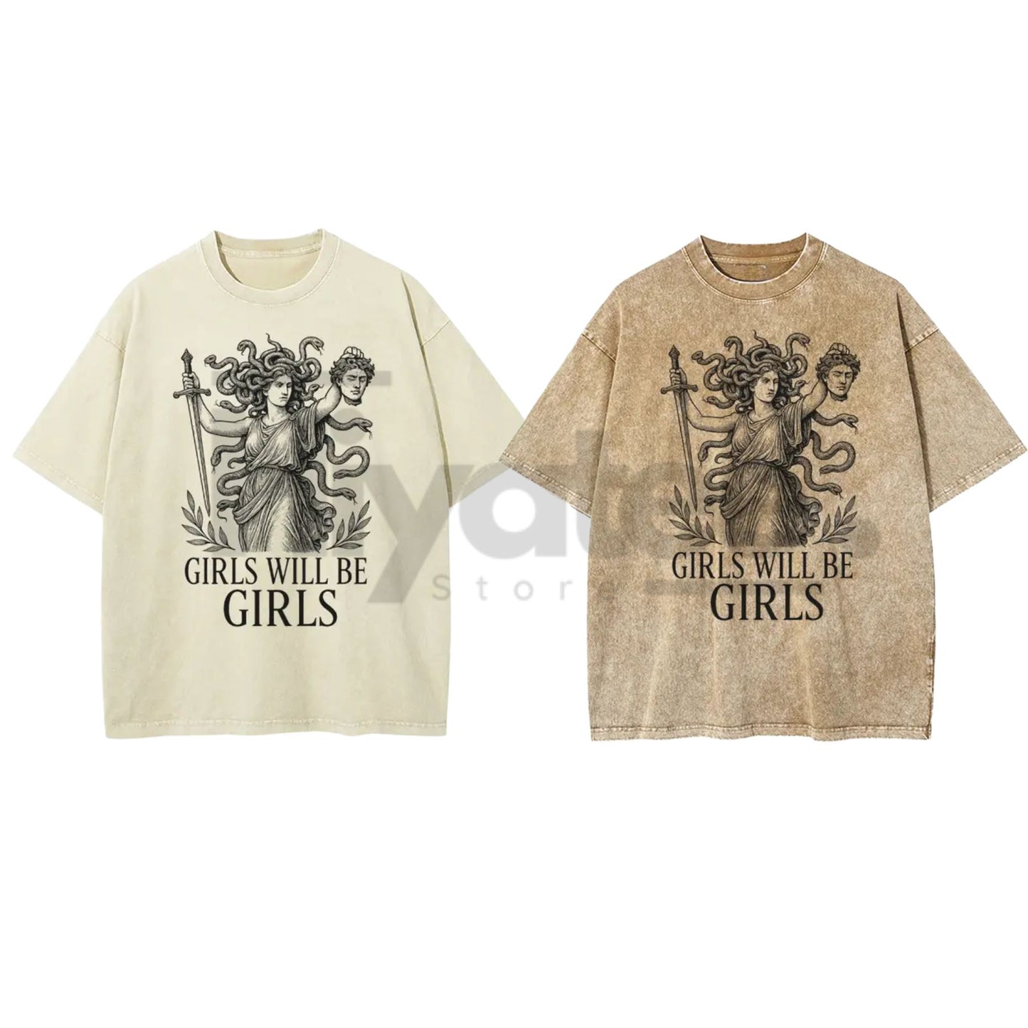 Girls Will Be Girls Medusa T-Shirt – Vintage Washed Graphic Tee, Lightweight Retro Greek Mythology Streetwear, Unisex Oversized Top-Hiyatee