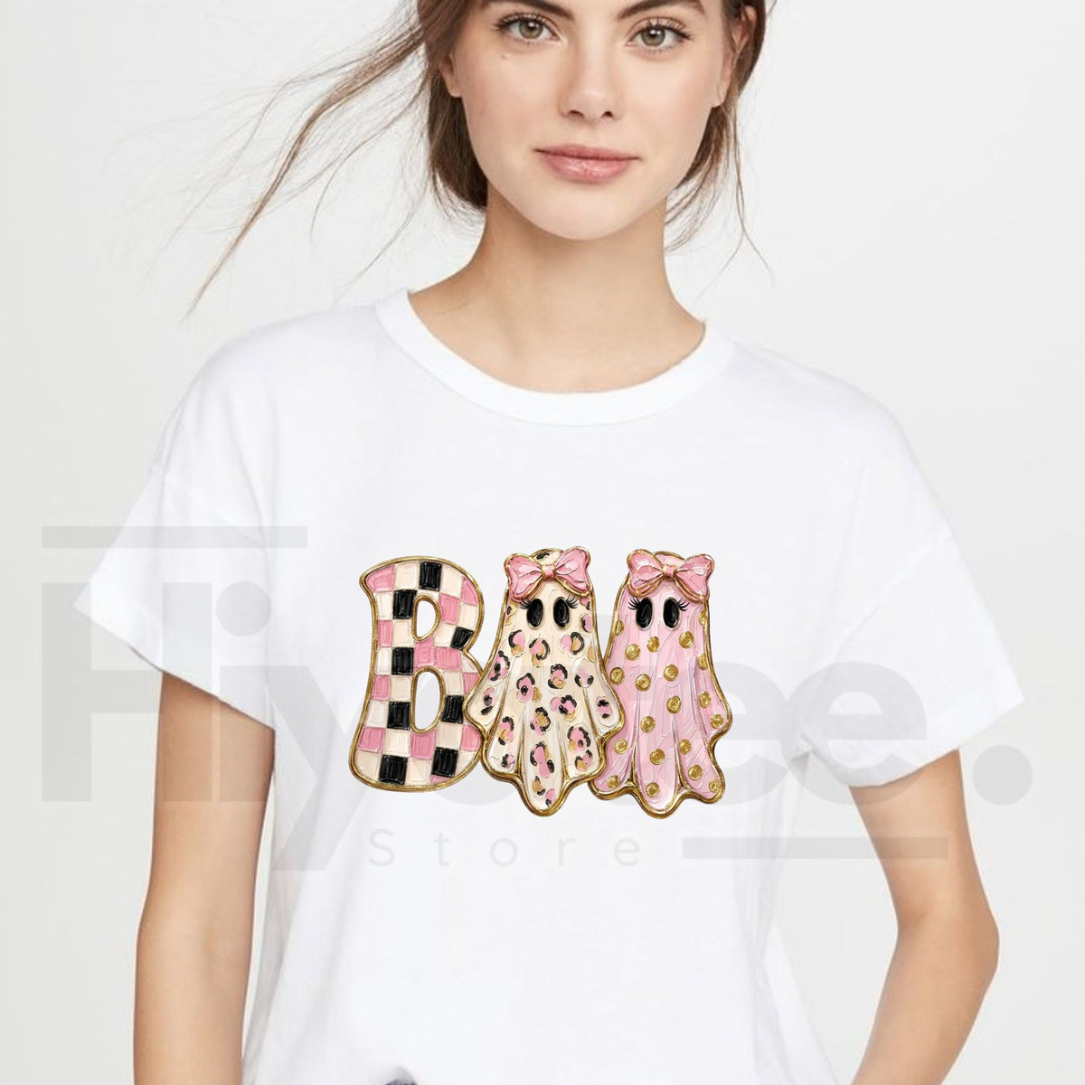 Girly Ghost Boo T-Shirt – Glam Preppy Coquette Bow Halloween Graphic Tee - Hiyatee