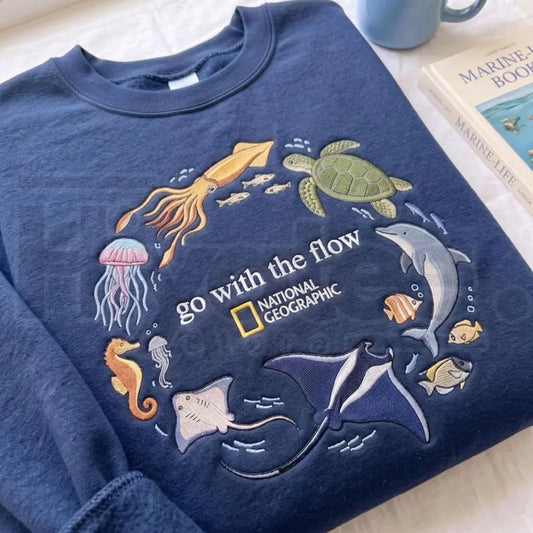 "Go With The Flow" Embroidered Sweatshirt – Ocean Marine Animals Crewneck, Coastal Pullover Gift - Hiyatee