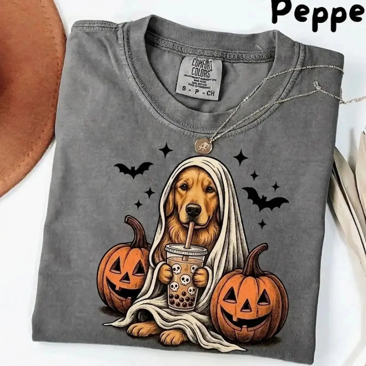 Comfort Colors Pepper Dog Shirt Custom Ghost Boba Tea Halloween Tee