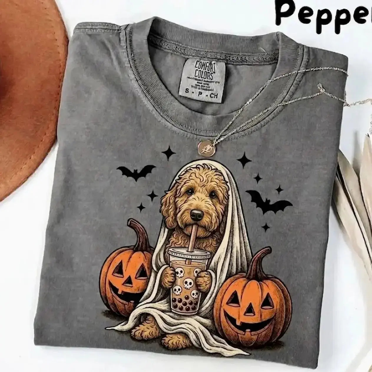 Comfort Colors Pepper Dog Shirt Custom Ghost Boba Tea Halloween Tee