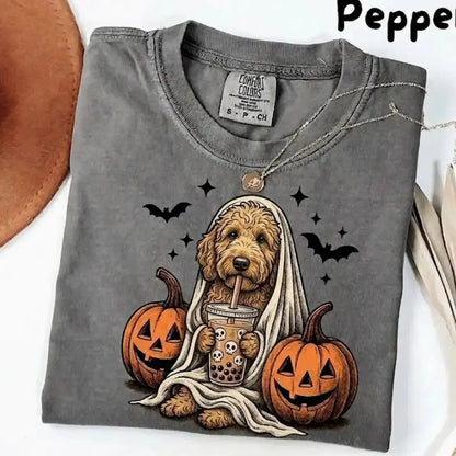 Comfort Colors Pepper Dog Shirt Custom Ghost Boba Tea Halloween Tee