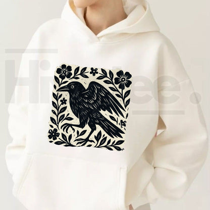 Gothic Raven Linocut Dark Academia Hoodie - Hiyatee