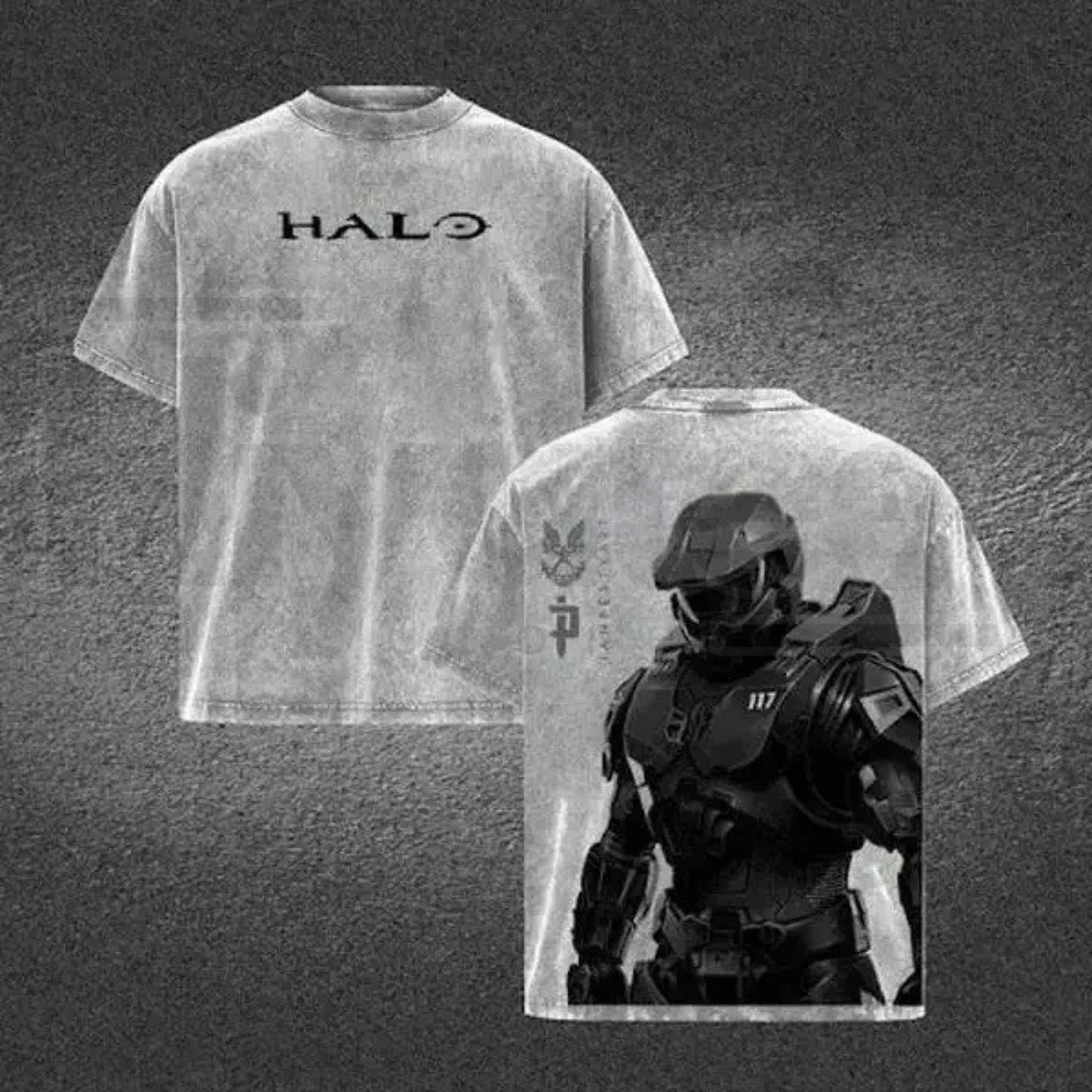 HALO Master Chief 117 Vintage T-Shirt – Acid Wash Spartan Back Print Oversized Gamer Tee - Hiyatee