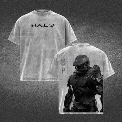 HALO Master Chief 117 Vintage T-Shirt – Acid Wash Spartan Back Print Oversized Gamer Tee - Hiyatee