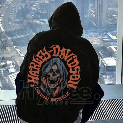 HD Legendary Motorcycles Casual Graphic Print Hoodie – Unisex 100% Cotton Menswear, Vintage Biker Style Pullover - Hiyatee