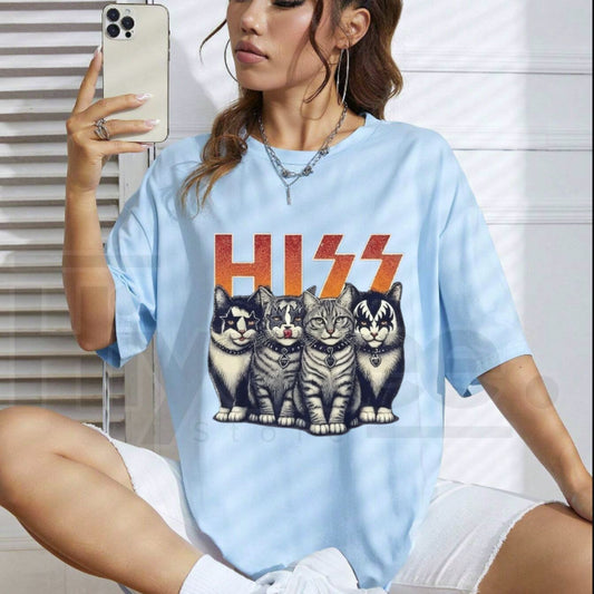 "HISS" – Funny Rocker Cats Retro Graphic Top - Hiyatee