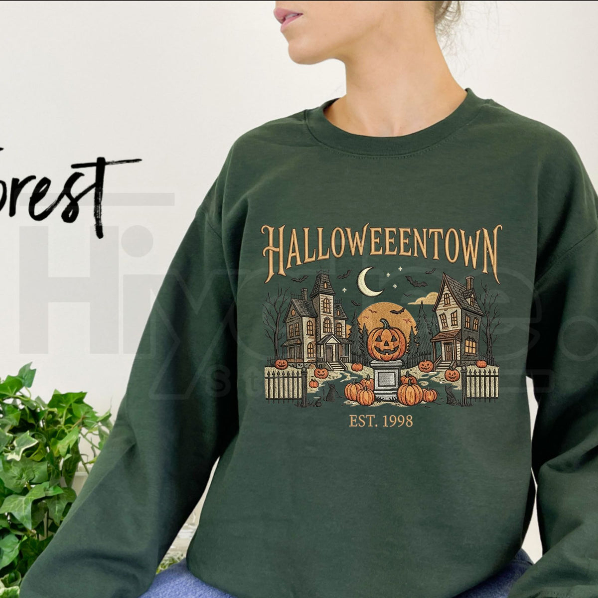 HalloweenTown Embroidered Gingham Sweatshirt – Spooky Village Haunted House Pullover - Hiyatee
