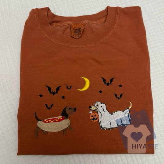 Halloween Dachshunds Embroidered T-Shirt – Cute Doggie Tee on Comfort Colors for Fall Lovers-Hiyatee