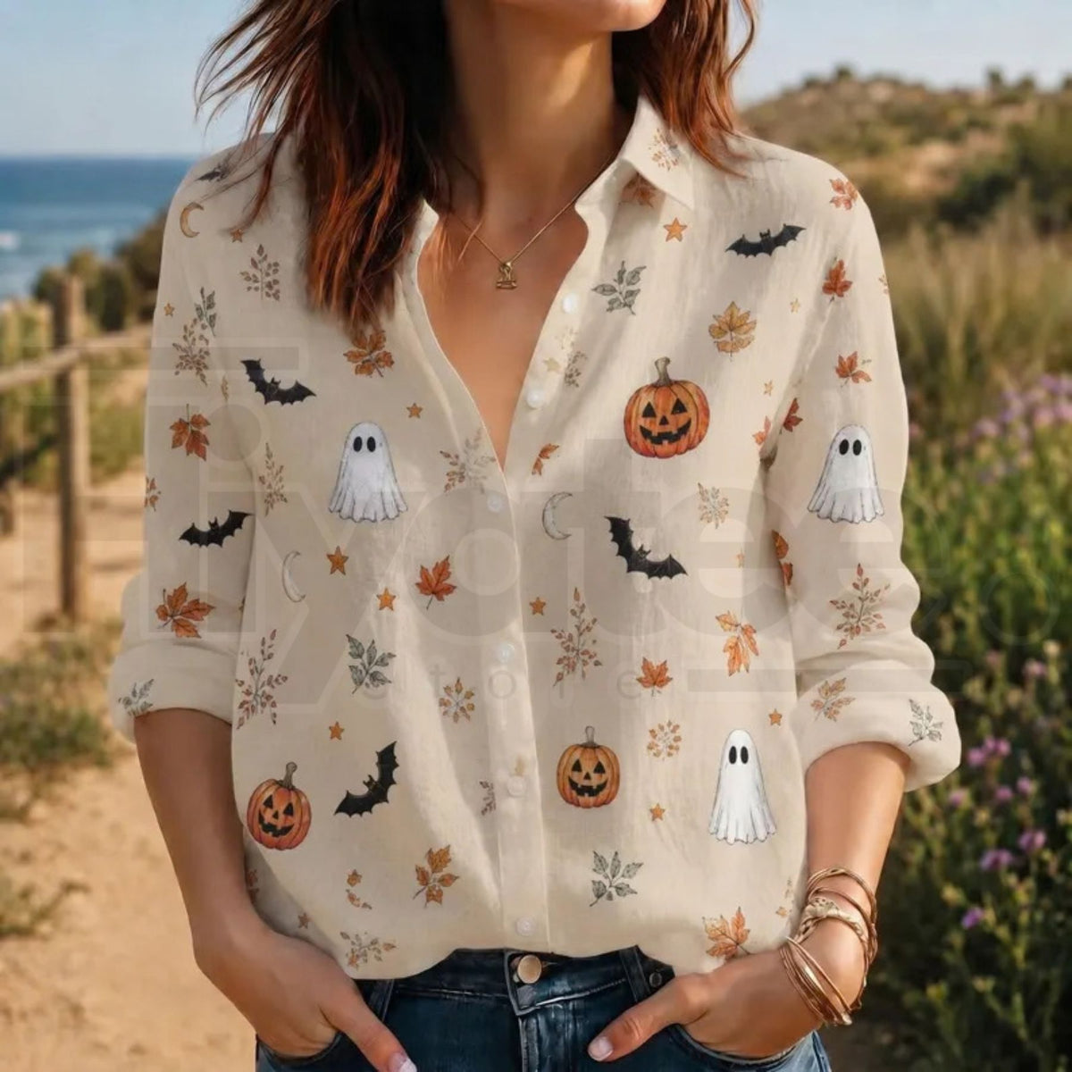 Halloween Ghost Pumpkin Fall Blouse – Spooky Long Sleeve Top, Cute Trick or Treat Shirt & Autumn Leaves Apparel - Hiyatee