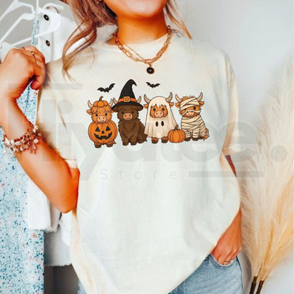 Halloween Highland Cows T-Shirt – Cute Pumpkin Witch Ghost Mummy Graphic Tee - Hiyatee