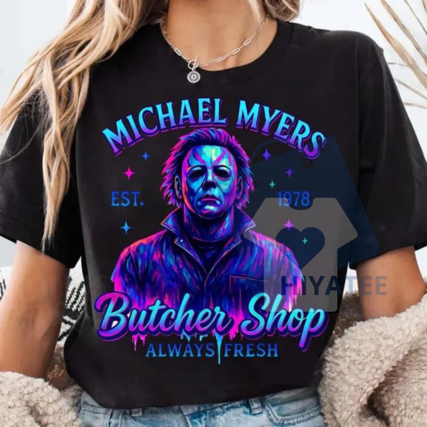 Halloween Neon Horror Characters T-Shirt – Retro Glowing Graphic Tee - Hiyatee