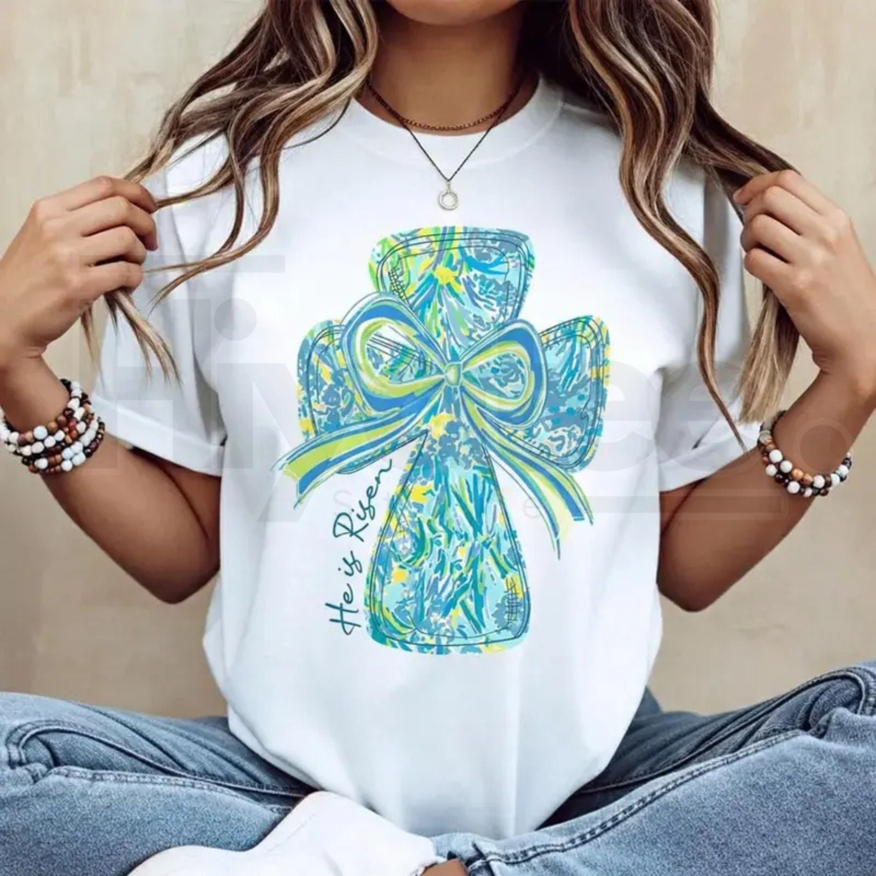 "He Is Risen" Vibrant Cross & Bow – Lightweight Cotton Casual Round Neck Summer - Hiyatee