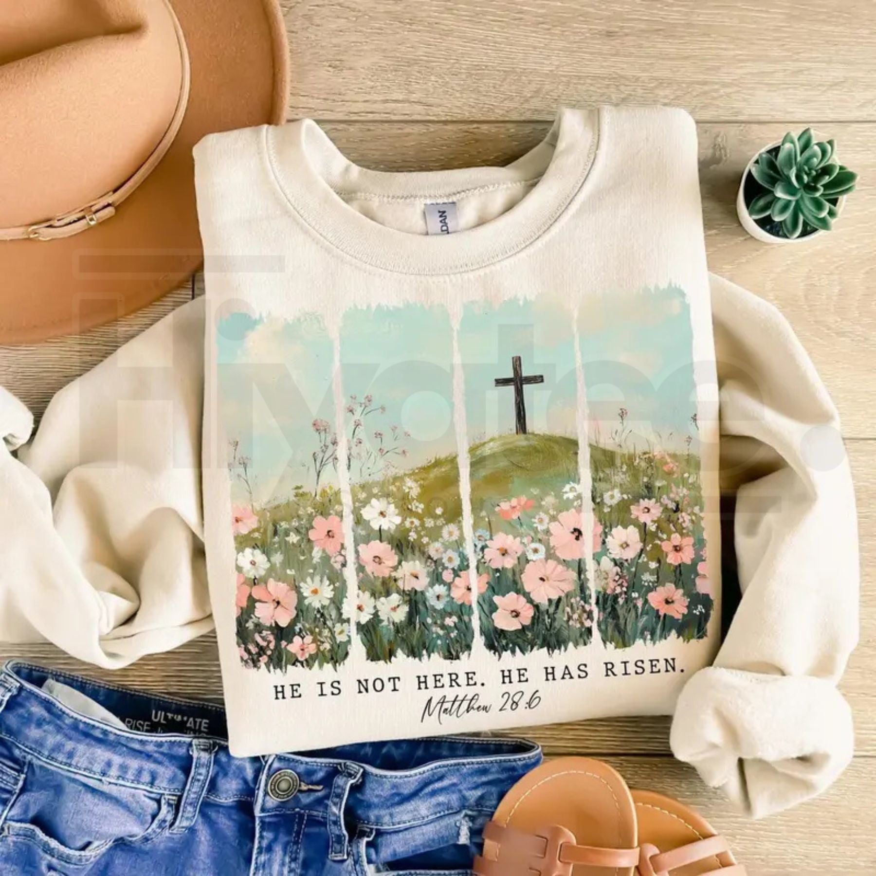 He Is Risen Wildflower Crewneck: Aesthetic Boho Christian Easter Sweatshirt - Hiyatee