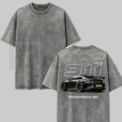 Heavyweight Vintage Washed Grey Porsche 911 GT3 Graphic T-Shirt – Retro German Supercar Track Day Tee - Hiyatee