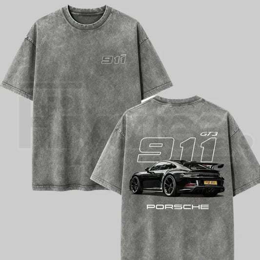 Heavyweight Vintage Washed Grey Porsche 911 GT3 Graphic T-Shirt – Retro German Supercar Track Day Tee - Hiyatee
