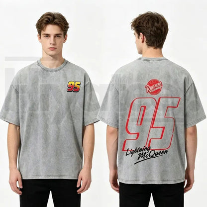 Heavyweight Vintage Washed Racing Tee 95 Graphic T Shirt – Retro Motorsport Streetwear Oversized Tee - Hiyatee