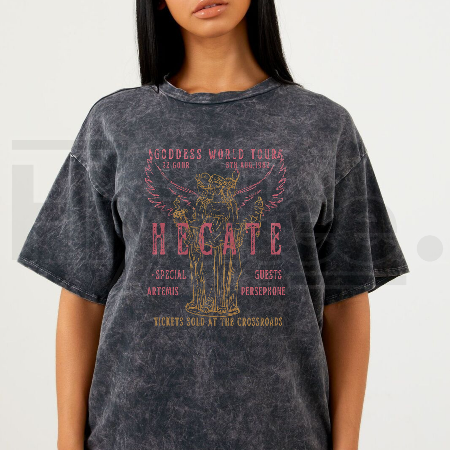 Hecate Goddess World Tour Oversized Cotton Graphic Tee – Vintage Wash Dark Academia Witchy Shirt - Hiyatee